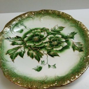 Antique 9" Plate Green Floral Gold Encrusted